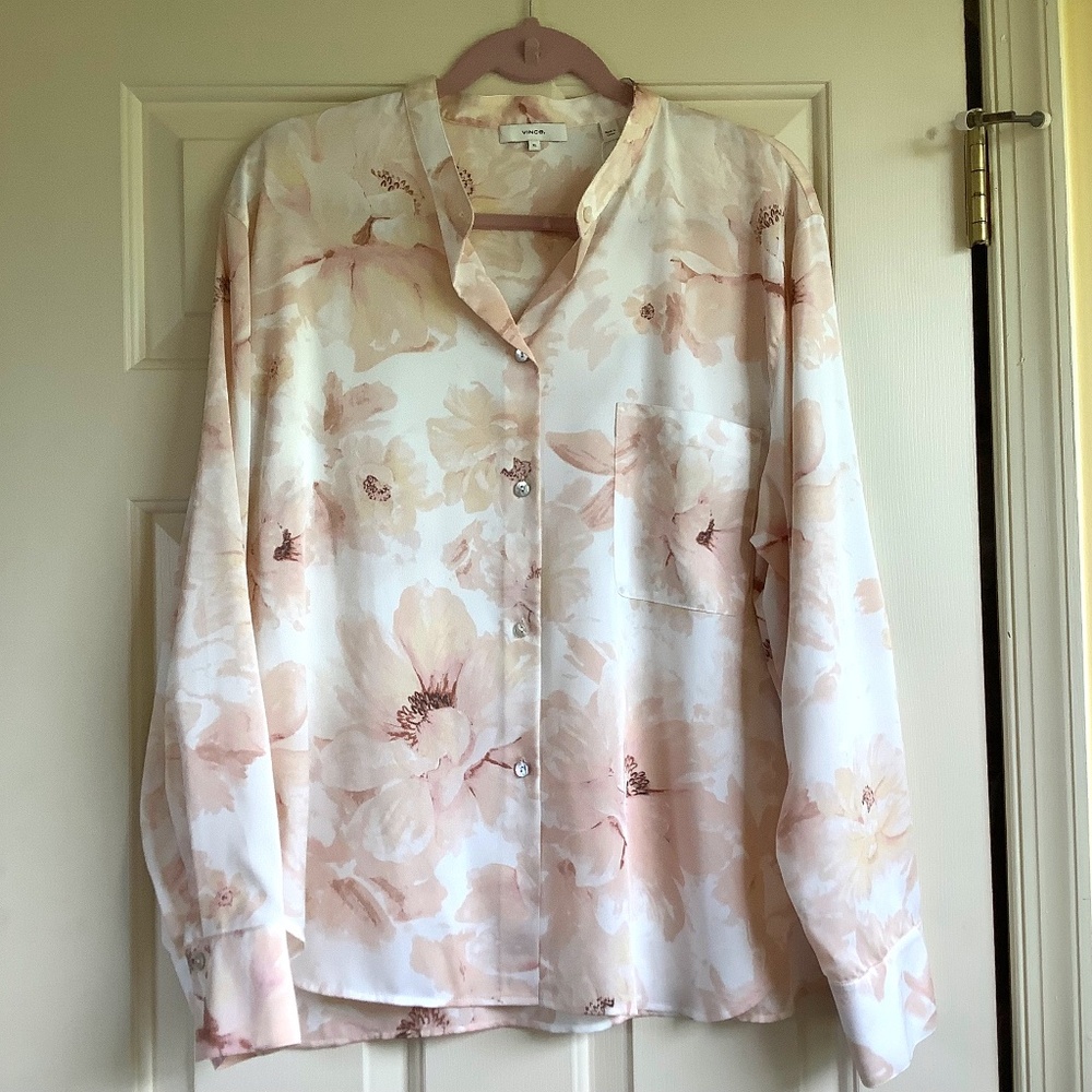 VINCE Relaxed Band Collar Magnolia Button-Up Shirt Light Peach Floral XL